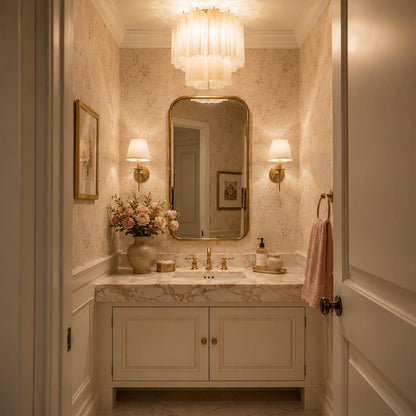 Upscale American foyer with the exact amber-gold Stellina ceiling light. Cream plaster walls, dark wood console, stone floor, and warm evening light.
