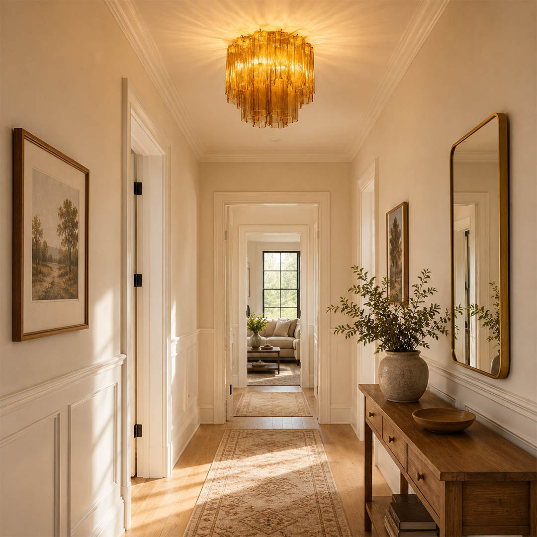 Elegant American hallway with one or two white Stellina ceiling lights. Warm-white paneling, light wood flooring, artwork, and soft daylight.