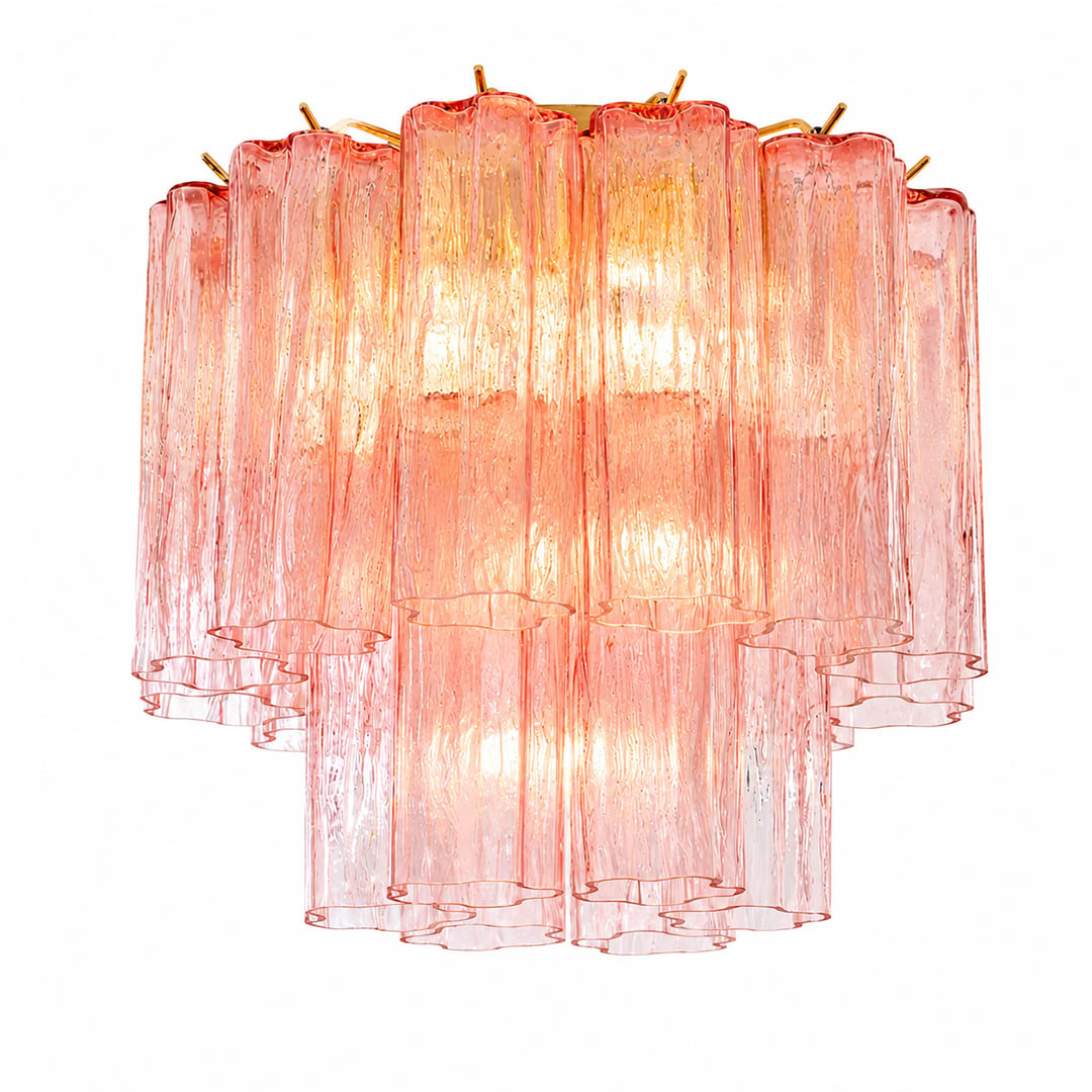 Pure white background, exact Stellina ceiling light with translucent dusty-pink glass and polished gold frame. Light off, centered three-quarter view, realistic material texture, no props or text.
