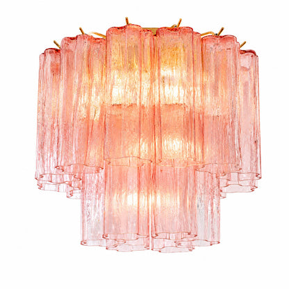 Pure white background, exact Stellina ceiling light with translucent dusty-pink glass and polished gold frame. Light off, centered three-quarter view, realistic material texture, no props or text.