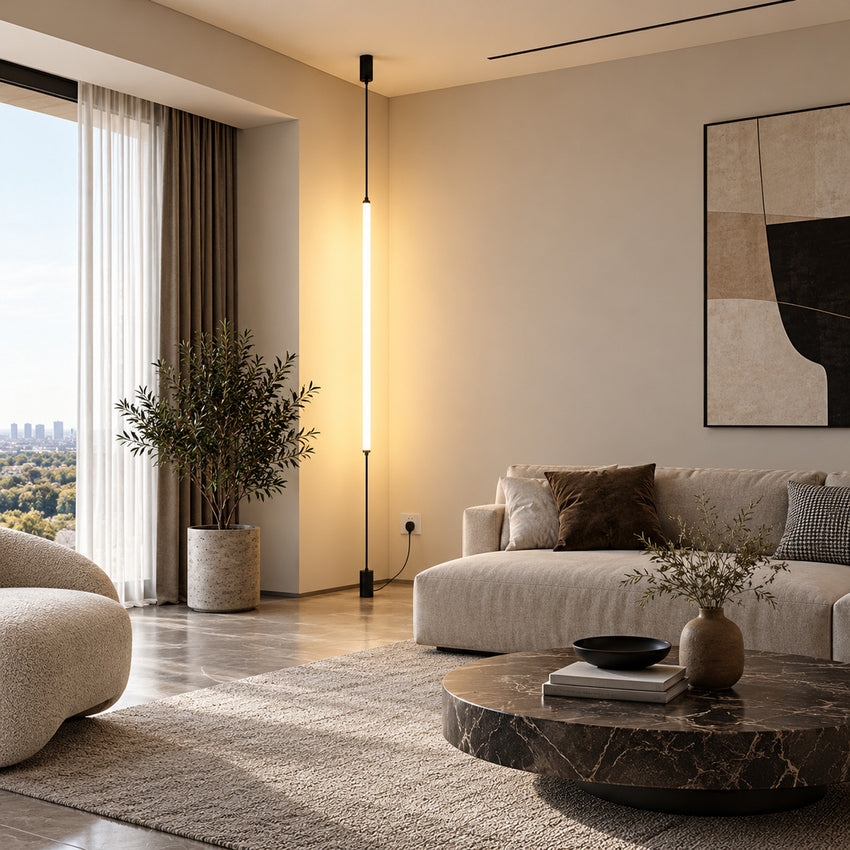 Black Stelo LED tube lamp running floor to ceiling beside a linen sofa in a minimalist living room