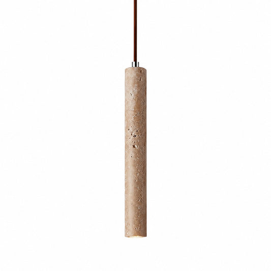 Stelo travertine pendant light slim tall cylinder yellow beige travertine stone minimalist sculptural white background