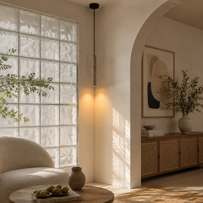 Stelo travertine pendant light wabi sabi japandi natural stone space travertine slim warm American home lifestyle interior styled