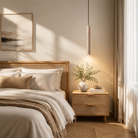 Stelo travertine pendant light bedroom bedside warm glow travertine stone slim cozy American home lifestyle interior styled