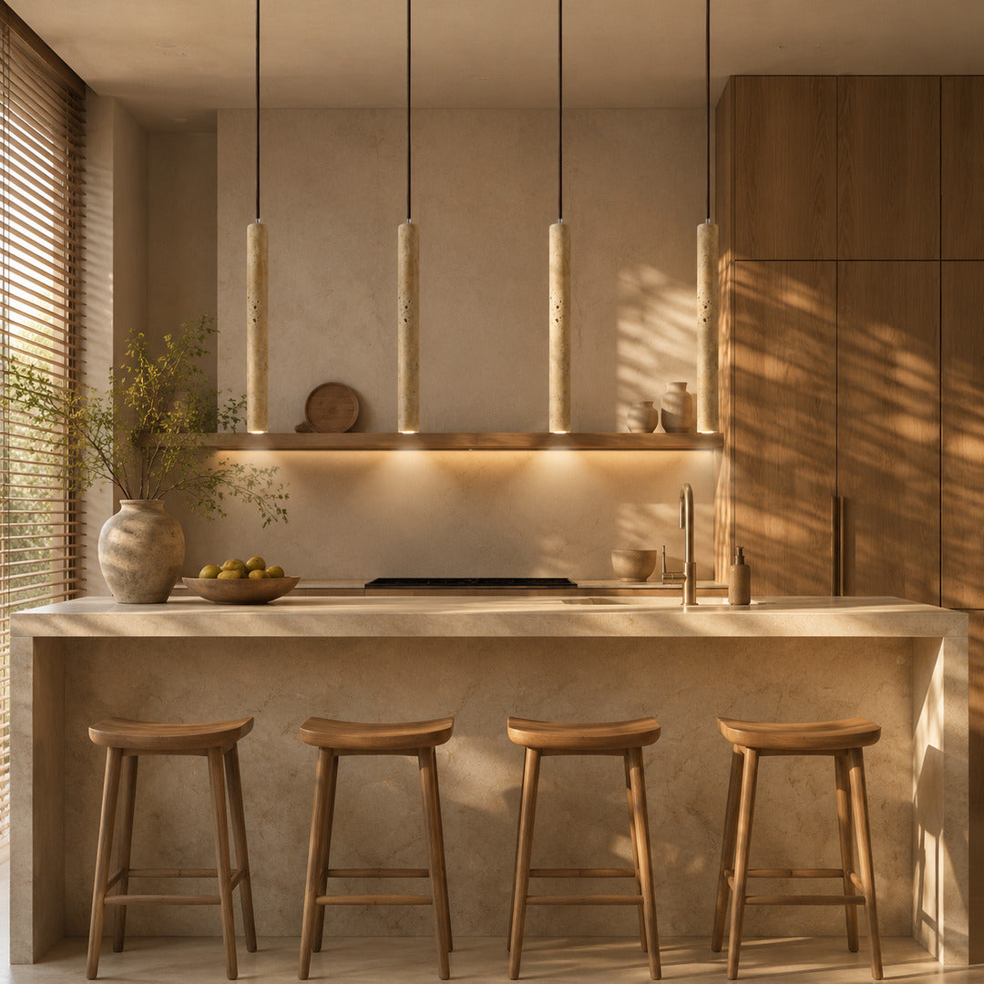 Stelo travertine pendant light kitchen island cluster warm glow natural travertine stone slim minimalist American home lifestyle interior styled