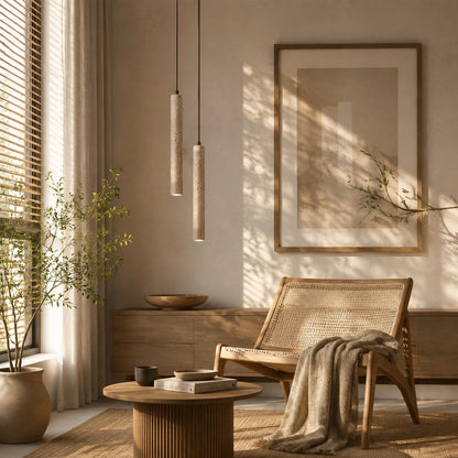 Stelo travertine pendant light cafe boutique restaurant warm glow travertine stone slim architectural commercial interior styled