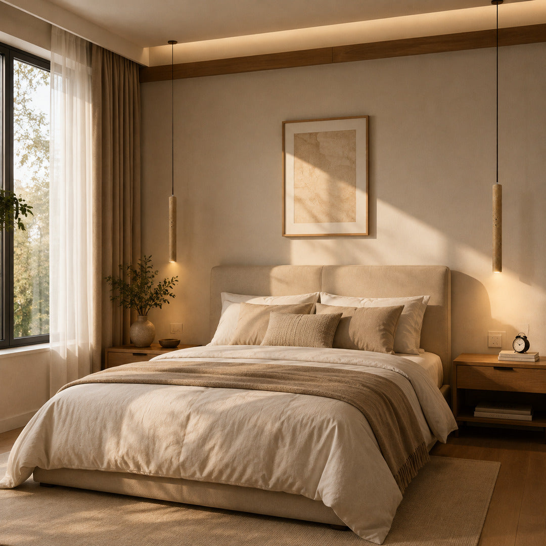Stelo travertine pendant light bedroom bedside warm glow travertine stone slim cozy American home lifestyle interior styled