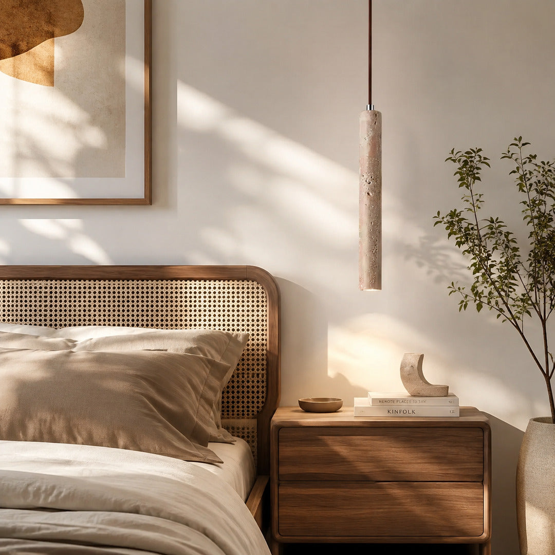 Stelo travertine pendant light bedroom bedside warm glow travertine stone slim cozy American home lifestyle interior styled
