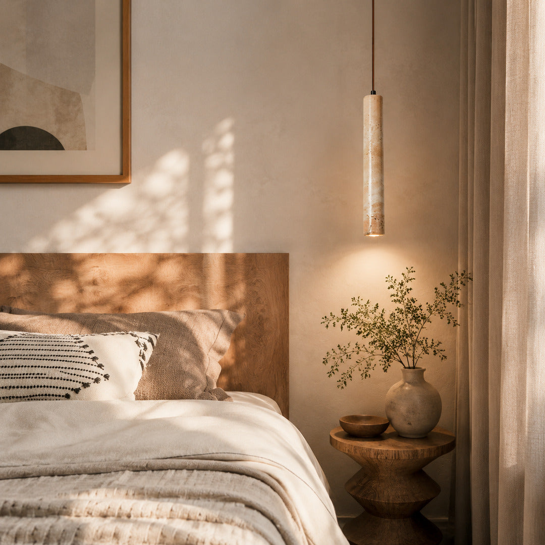 Stelo travertine pendant light bedroom bedside warm glow travertine stone slim cozy American home lifestyle interior styled