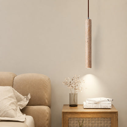 Stelo travertine pendant light living room warm glow travertine stone slim sculptural American home lifestyle interior styled