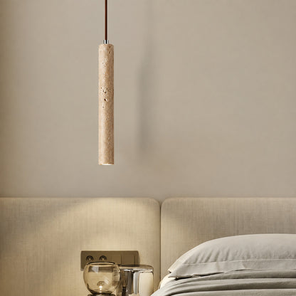 Stelo travertine pendant light bedroom bedside warm glow travertine stone slim cozy American home lifestyle interior styled