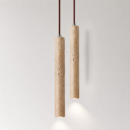 Stelo travertine pendant light slim tall cylinder elongated silhouette architectural shape detail