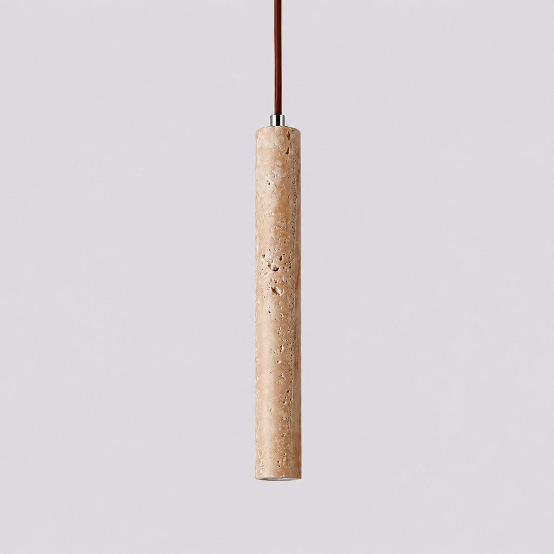Stelo travertine pendant light illuminated warm glow slim cylinder natural travertine stone white background