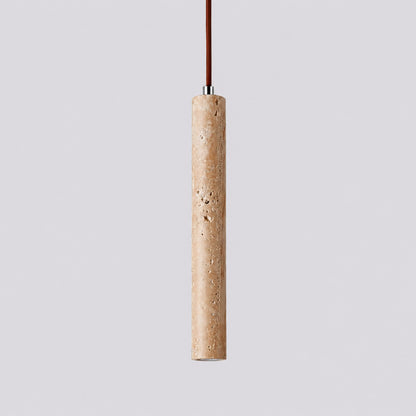 Stelo travertine pendant light illuminated warm glow slim cylinder natural travertine stone white background