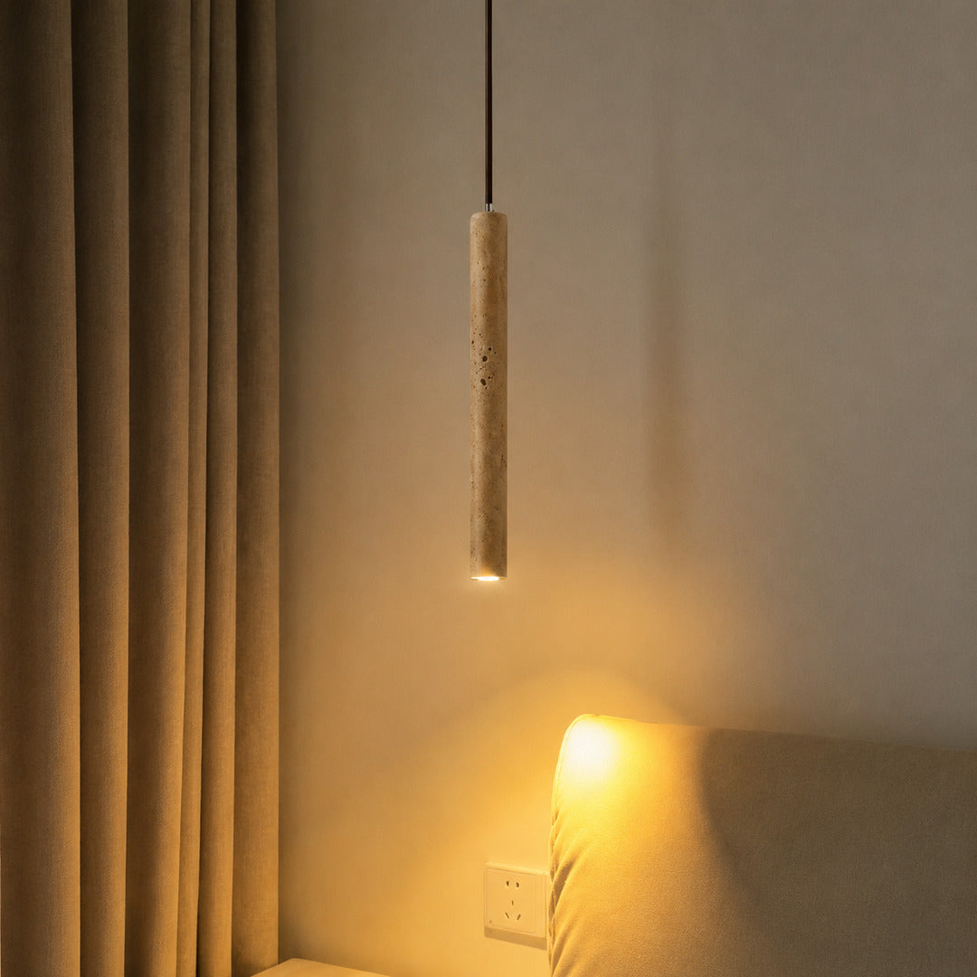 Stelo travertine pendant light bedroom bedside warm glow travertine stone slim cozy American home lifestyle interior styled