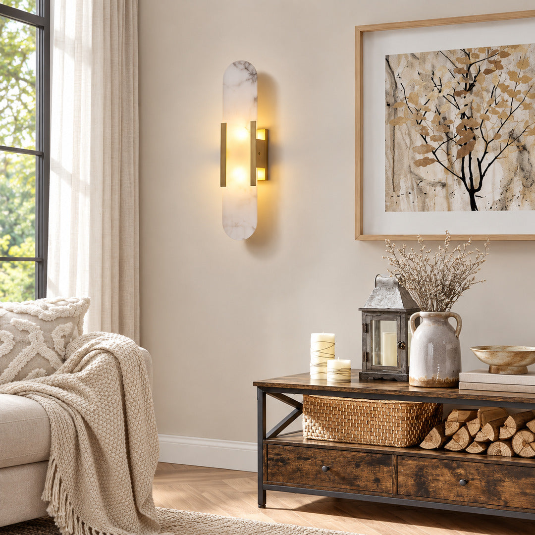 Stilo alabaster wall sconce as a slim warm accent on a modern living room wall