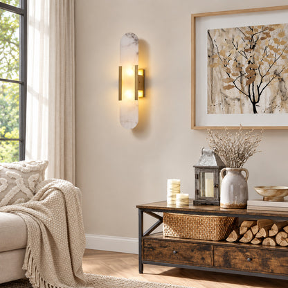 Stilo alabaster wall sconce as a slim warm accent on a modern living room wall