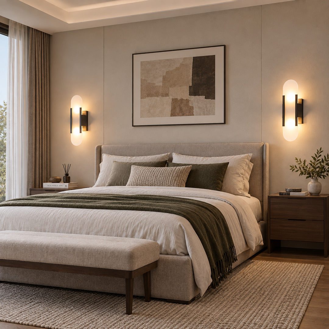Pair of Stilo alabaster wall sconces flanking a bed for warm symmetrical bedside lighting
