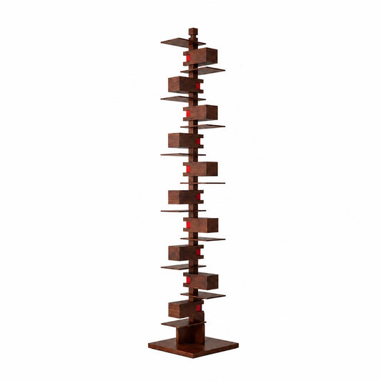 Strato floor lamp walnut wood color layered horizontal slat art deco 80.2 inch tall Prairie School inspired vertical architectural tower corner statement white background