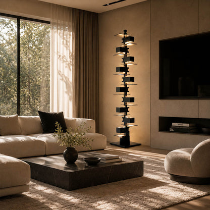 Strato floor lamp modern architectural residence great room high ceiling statement art deco layered wood tall Prairie School inspired warm ambient glow sophisticated upscale lifestyle interior American home