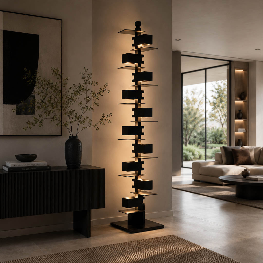 Strato floor lamp black modern entryway foyer statement welcome architectural art deco layered Prairie School inspired warm ambient glow sophisticated elegant lifestyle interior American home
