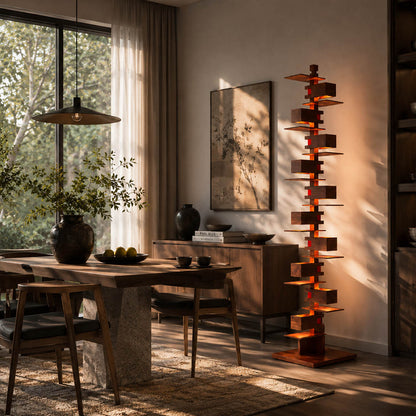 Strato floor lamp walnut wood modern dining room sideboard adjacent architectural statement art deco layered Prairie School inspired warm ambient glow evening entertaining sophisticated lifestyle interior American home