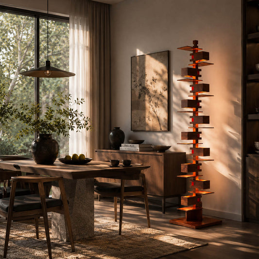 Strato floor lamp walnut wood modern dining room sideboard adjacent architectural statement art deco layered Prairie School inspired warm ambient glow evening entertaining sophisticated lifestyle interior American home