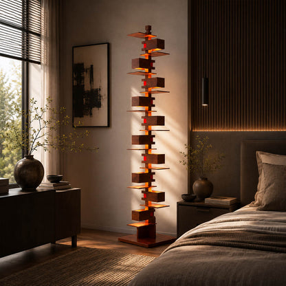Strato floor lamp walnut wood modern primary bedroom corner statement art deco layered Prairie School inspired warm ambient glow architectural sophisticated cozy lifestyle interior American home