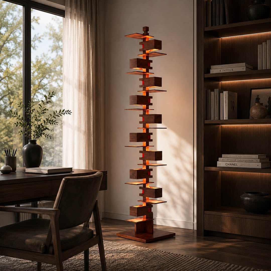 Strato floor lamp walnut wood modern primary bedroom corner statement art deco layered Prairie School inspired warm ambient glow architectural sophisticated cozy lifestyle interior American home