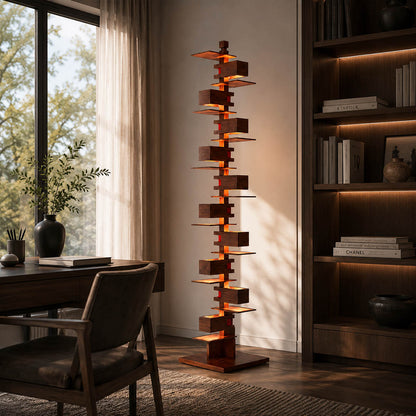 Strato floor lamp walnut wood modern primary bedroom corner statement art deco layered Prairie School inspired warm ambient glow architectural sophisticated cozy lifestyle interior American home