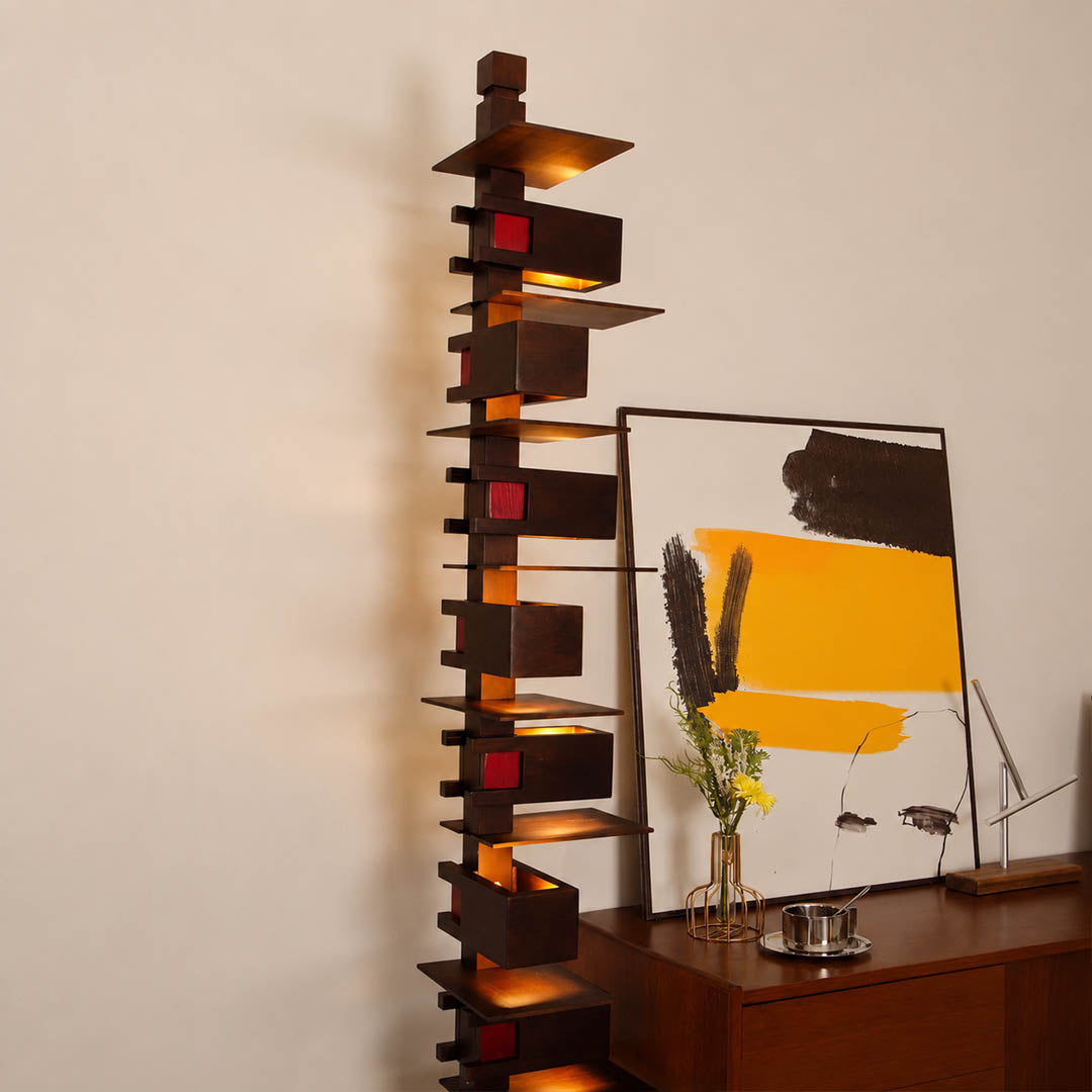 Strato floor lamp walnut wood modern dining room sideboard adjacent architectural statement art deco layered Prairie School inspired warm ambient glow evening entertaining sophisticated lifestyle interior American home