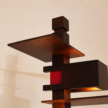 Strato floor lamp signature layered horizontal wood slat construction art deco Prairie School architectural craftsmanship detail close up craft