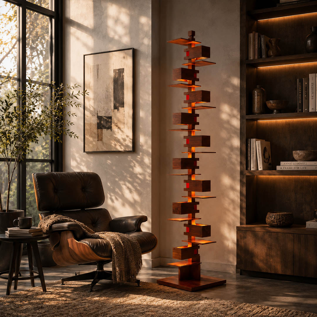 Strato floor lamp walnut wood modern living room corner statement art deco layered Prairie School inspired warm ambient glow architectural sophisticated cozy lifestyle interior American home