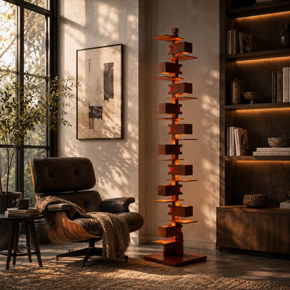 Strato floor lamp walnut wood modern living room corner statement art deco layered Prairie School inspired warm ambient glow architectural sophisticated cozy lifestyle interior American home
