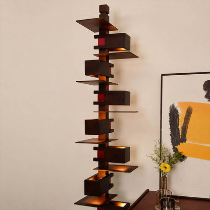 Strato floor lamp walnut wood modern dining room sideboard adjacent architectural statement art deco layered Prairie School inspired warm ambient glow evening entertaining sophisticated lifestyle interior American home