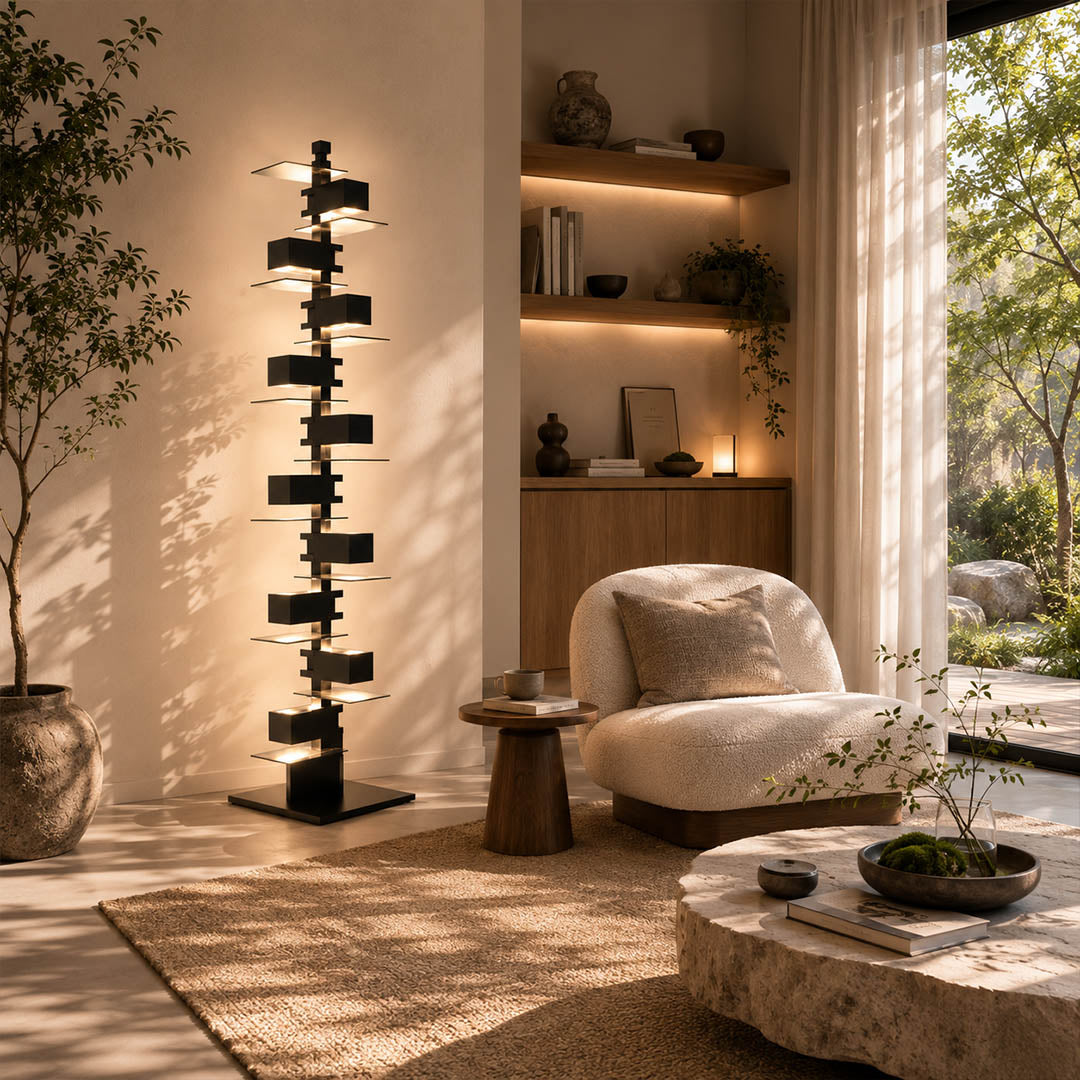 Strato floor lamp black modern living room reading armchair corner statement art deco layered Prairie School inspired warm ambient glow architectural intimate sophisticated lifestyle interior American home