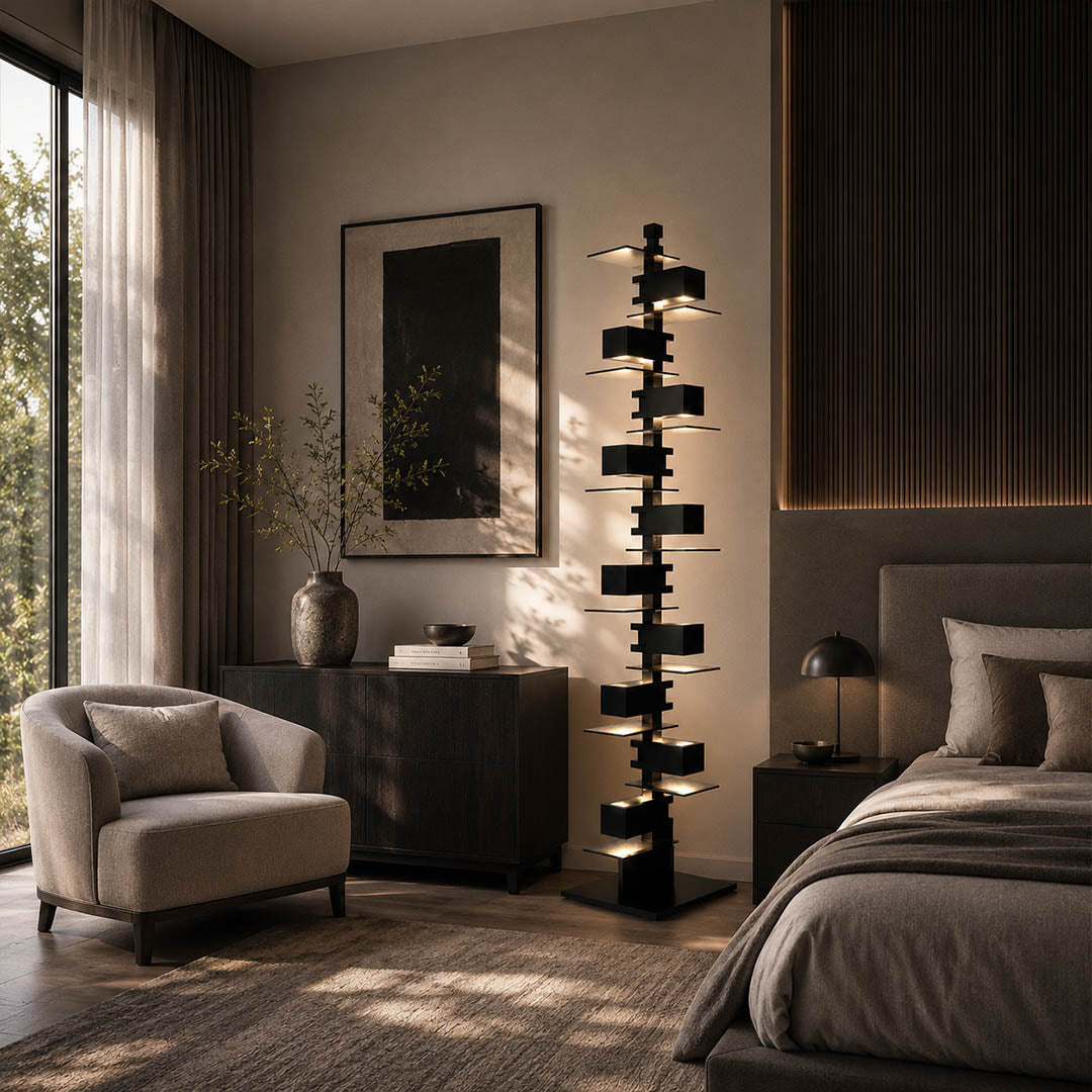Strato floor lamp walnut wood modern primary bedroom corner statement art deco layered Prairie School inspired warm ambient glow architectural sophisticated cozy lifestyle interior American home