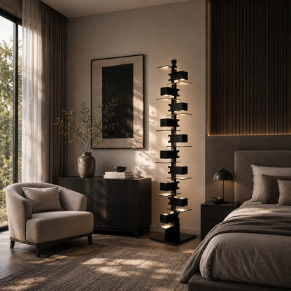 Strato floor lamp walnut wood modern primary bedroom corner statement art deco layered Prairie School inspired warm ambient glow architectural sophisticated cozy lifestyle interior American home