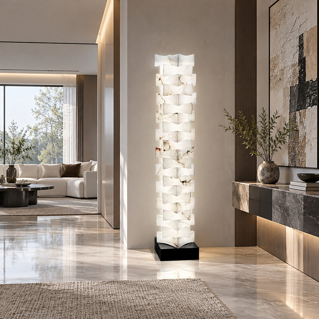 Strato stacked alabaster floor lamp as a sculptural accent in an entryway