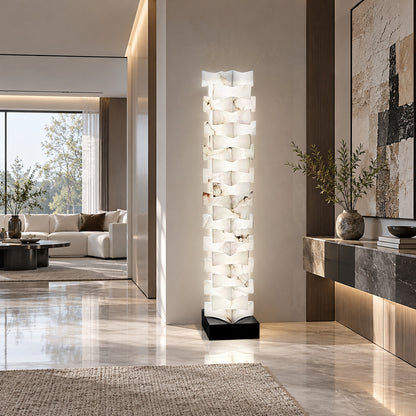 Strato stacked alabaster floor lamp as a sculptural accent in an entryway