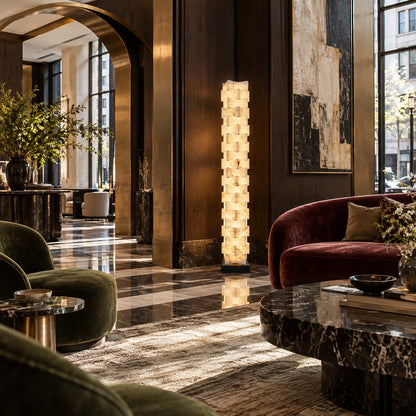 Strato stacked alabaster floor lamp in a boutique hotel suite