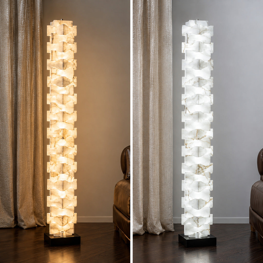 Strato stacked alabaster floor lamp shown lit and unlit side by side