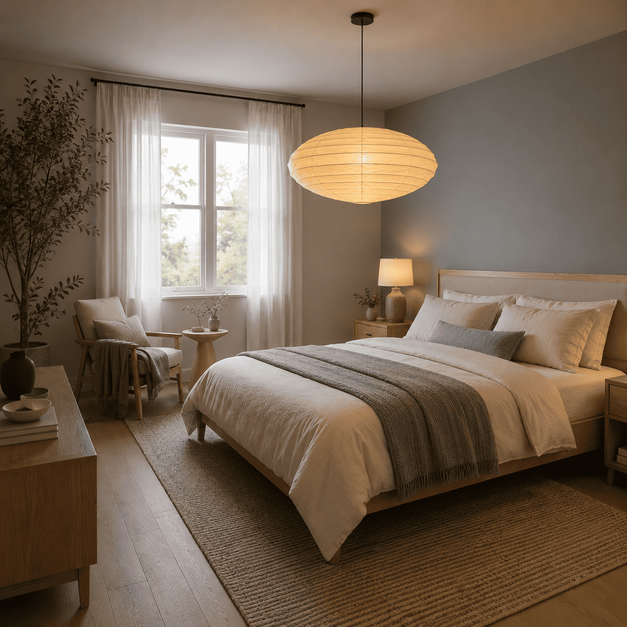 Cozy master bedroom interior design with a Stuber Lighting Japanese paper lantern pendant lamp illuminated warmly above the wooden bed.