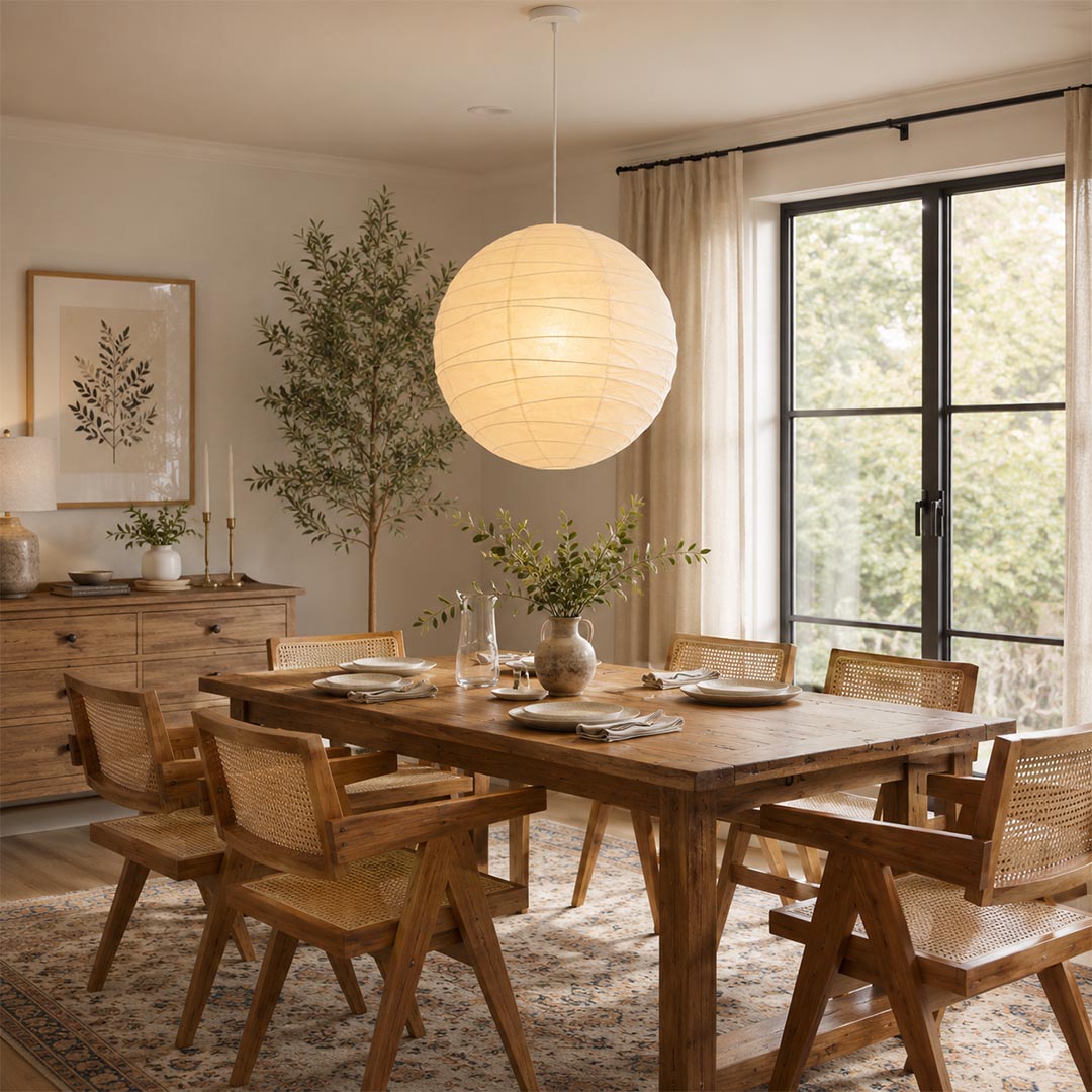 Cozy dining room featuring two textured paper globe chandeliers above a farmhouse dining table, surrounded by warm earth tones and vintage decor.