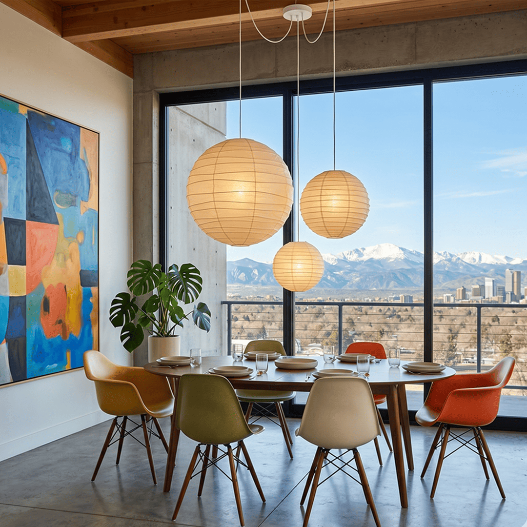 "Stuber handcrafted washi paper sphere pendant light emitting a warm, diffuse glow for minimalist Japandi interiors."