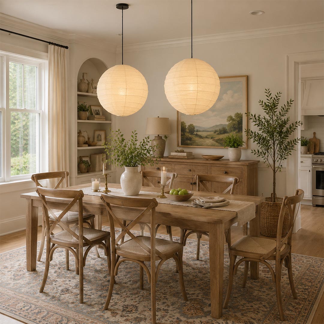 Two round Washi paper pendant lights hanging as a pair over a rustic wooden dining table and chairs, creating a warm Organic Modern dining room setting.