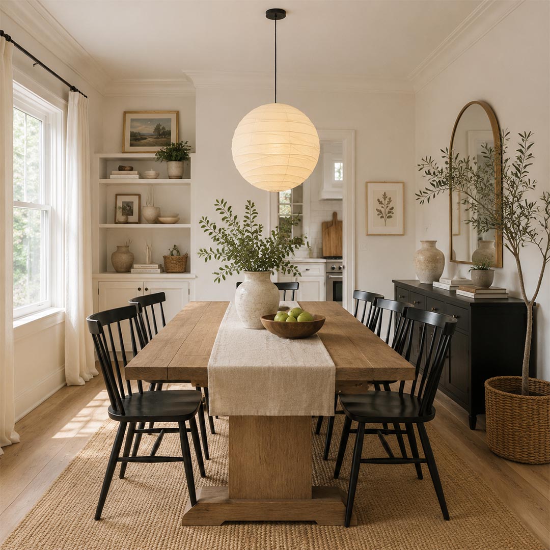 A pair of spherical paper lantern ceiling lights illuminating a wooden dining room table set with warm light, cozy home interior.