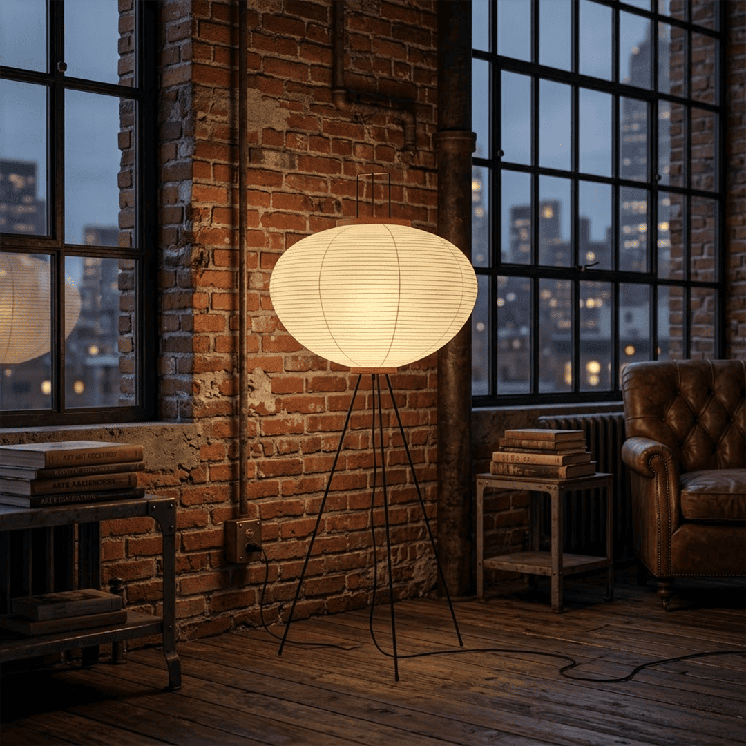Stuber premium handcrafted off-white washi paper tripod floor lamp with black legs illuminating a modern Japandi living room.