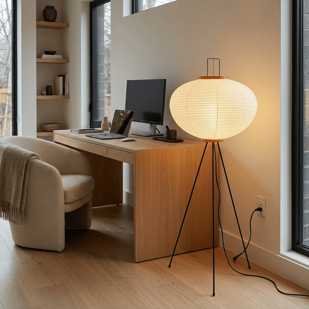 Stuber premium handcrafted off-white washi paper tripod floor lamp with black legs illuminating a modern Japandi living room.