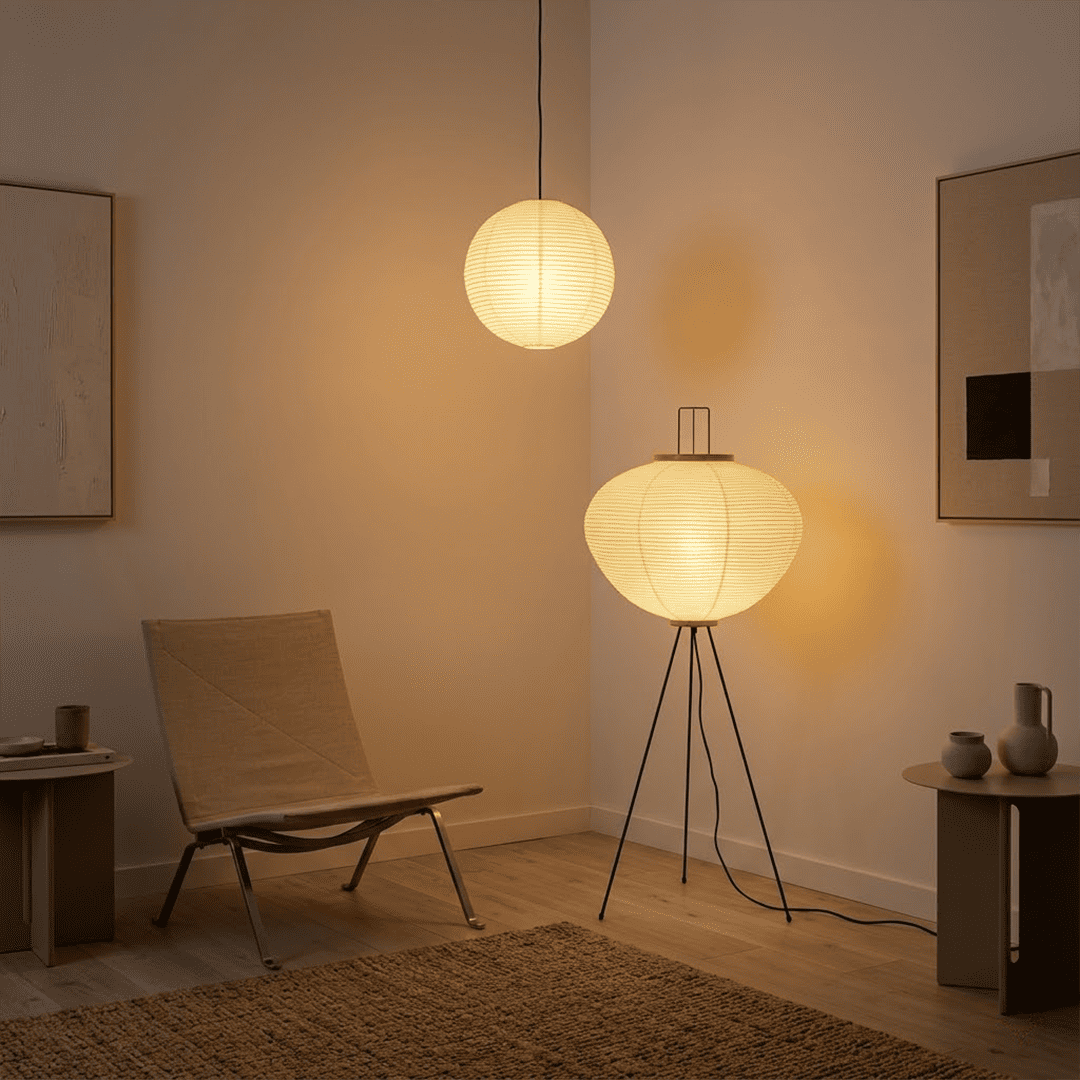 Stuber premium handcrafted off-white washi paper tripod floor lamp with black legs illuminating a modern Japandi living room.